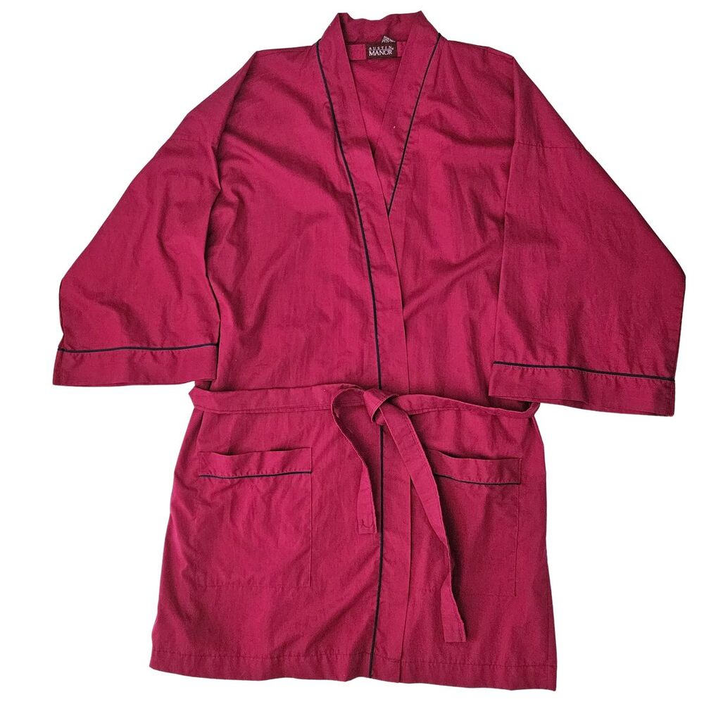 Austin Manor Robe Men's L/XL Short Magenta Ltwt Wrap Front Tie Belt Pockets